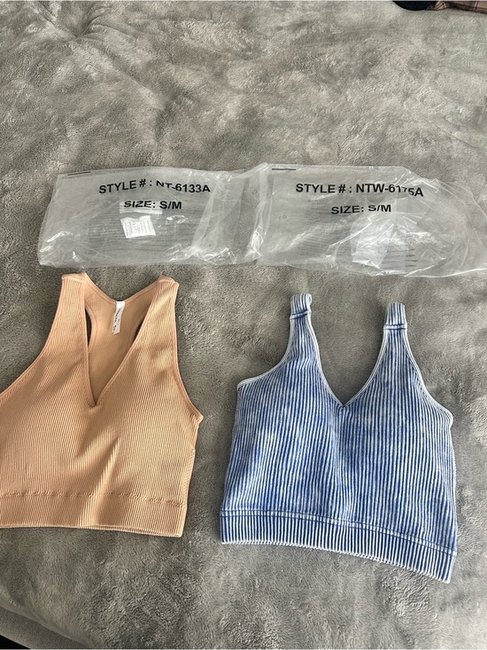 Zenana Tops - NWT 2 Zenana Outfitters Racerback Crop Top in Beige & Blue Straight Strap V Neck
